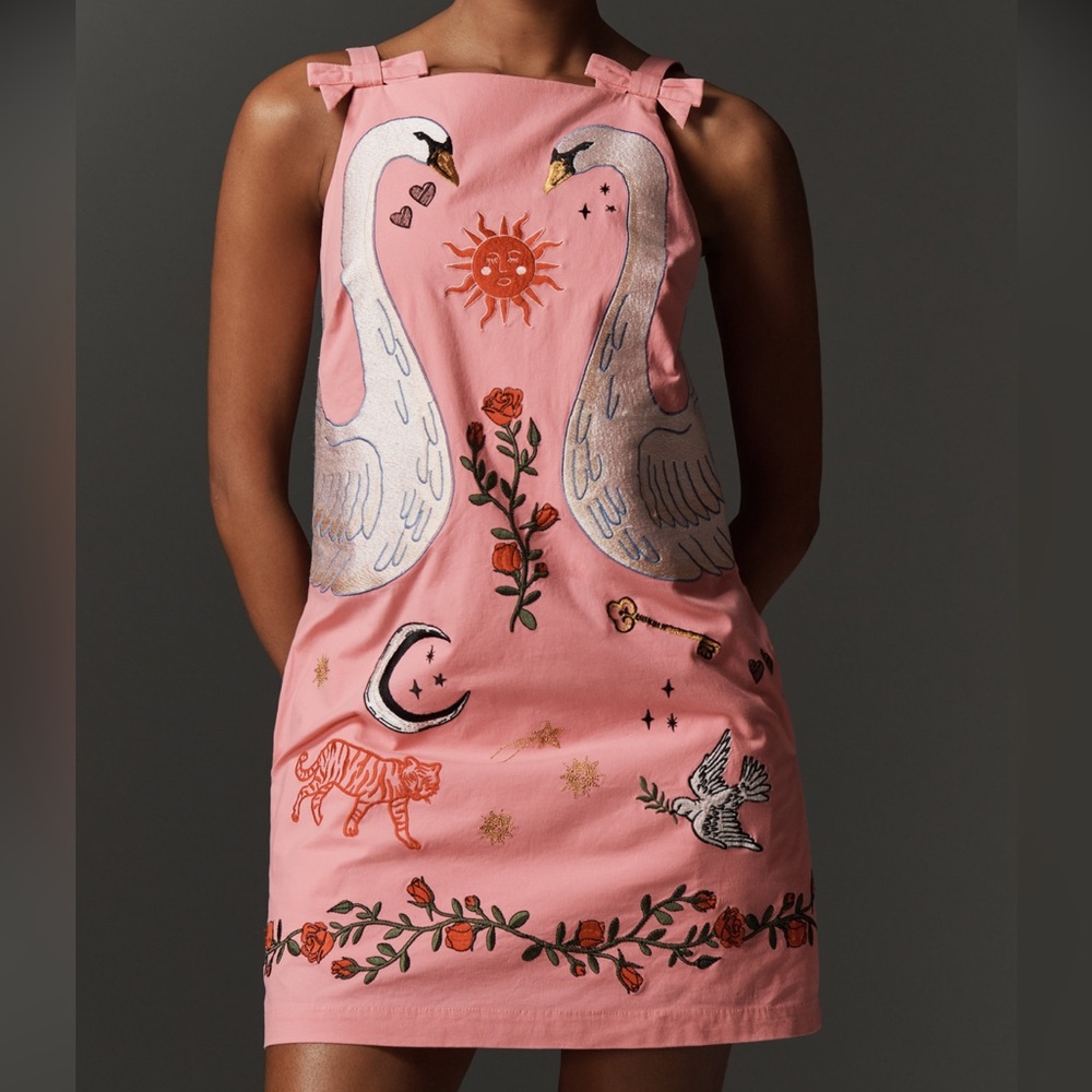 Maeve Pink Embroidered Swan & Floral Mini Dress